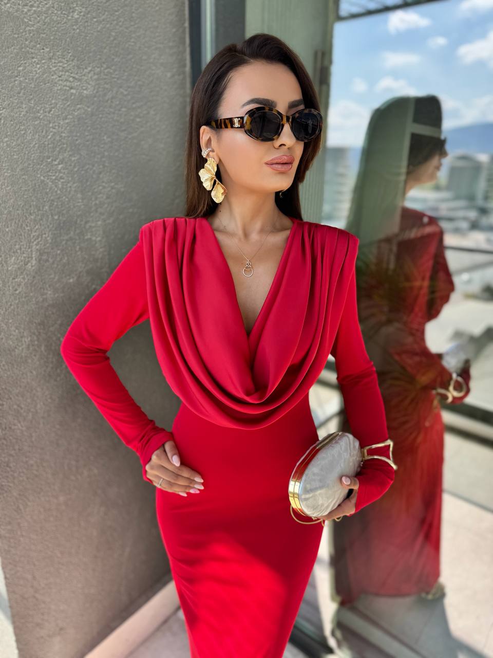 Tasarım%20Kırmızı%20Degaje%20Yaka%20İthal%20Likralı%20Candy%20Kumaş%20Elbise