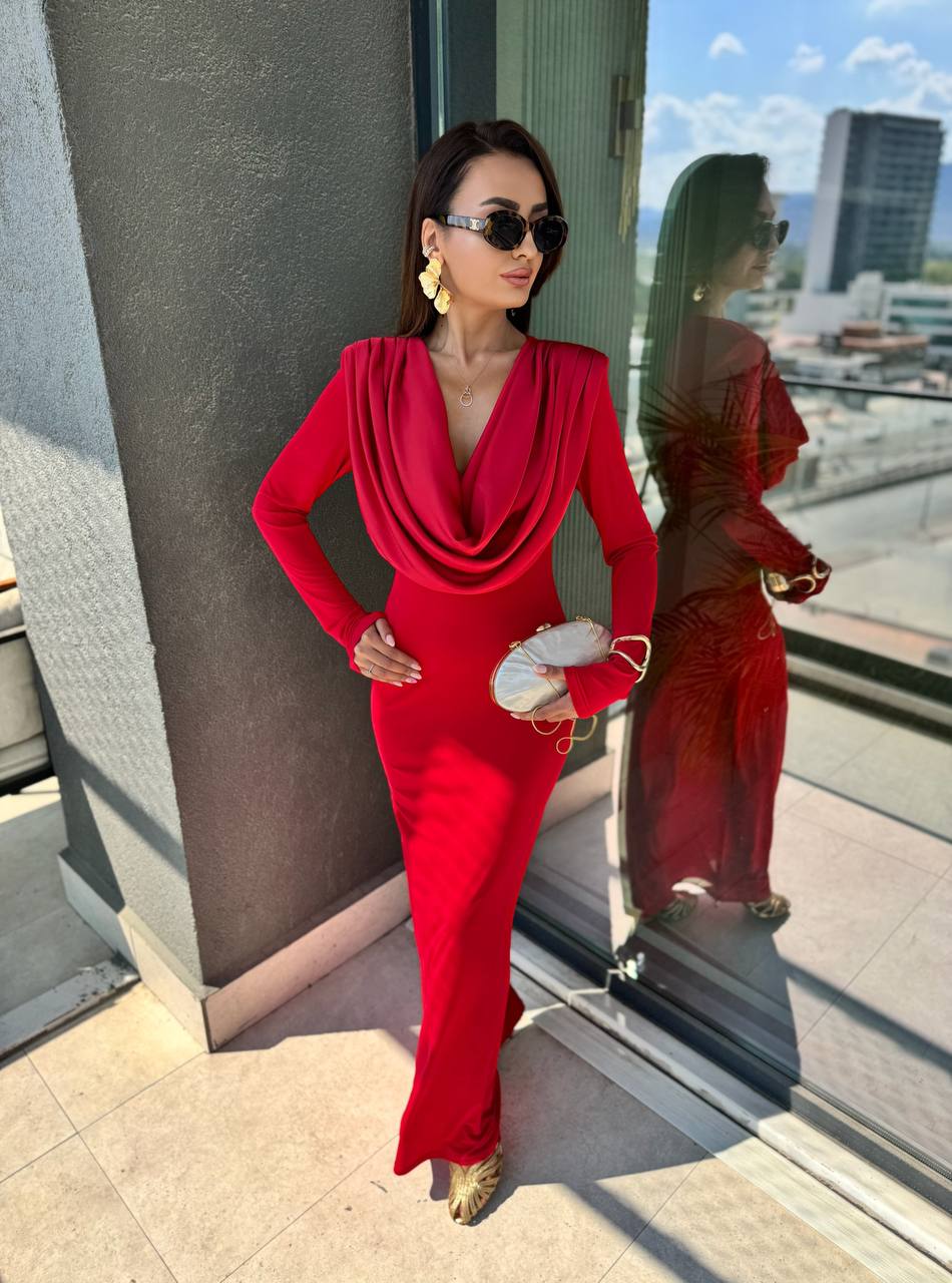 Tasarım%20Kırmızı%20Degaje%20Yaka%20İthal%20Likralı%20Candy%20Kumaş%20Elbise