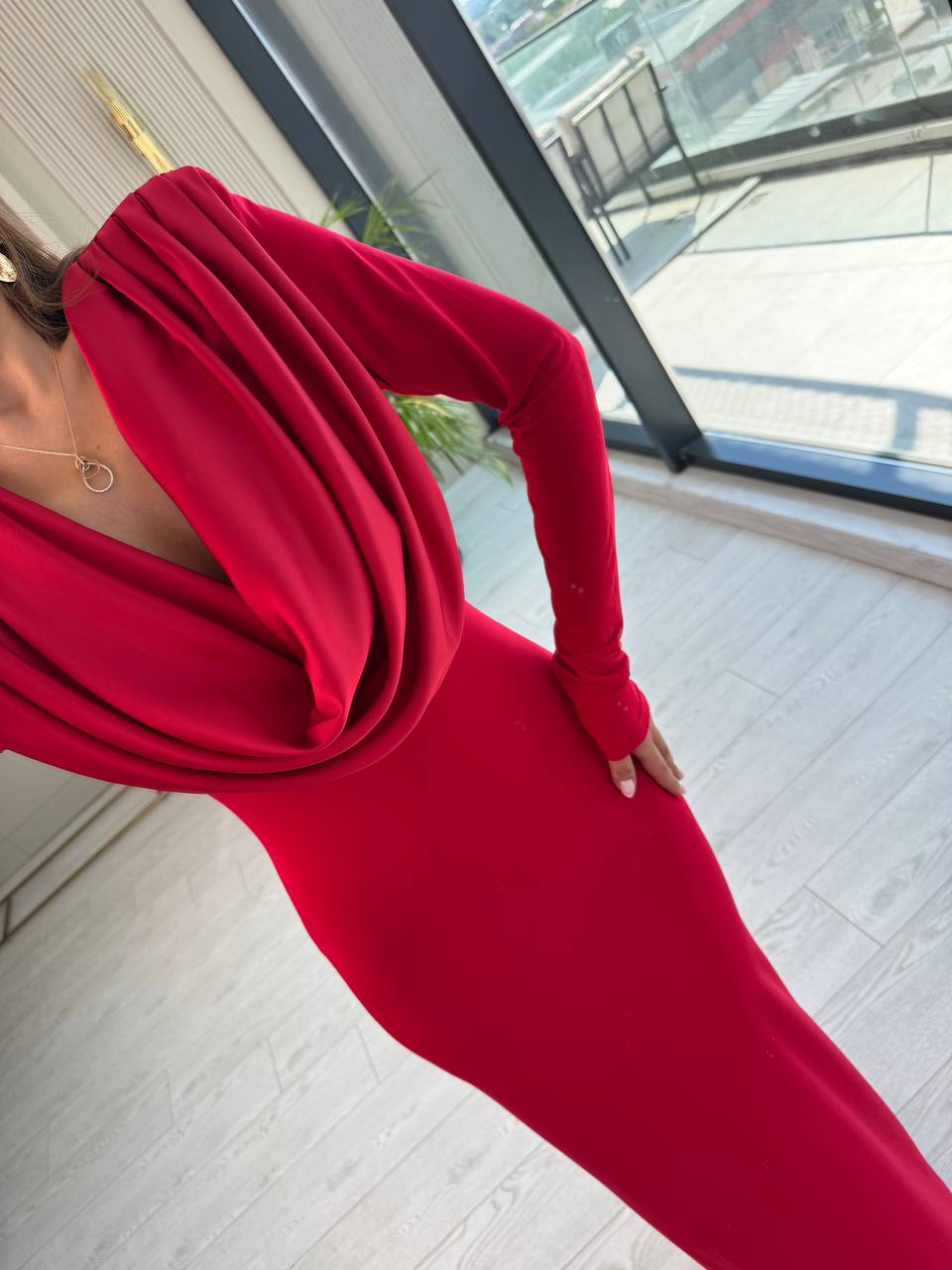 Tasarım%20Kırmızı%20Degaje%20Yaka%20İthal%20Likralı%20Candy%20Kumaş%20Elbise