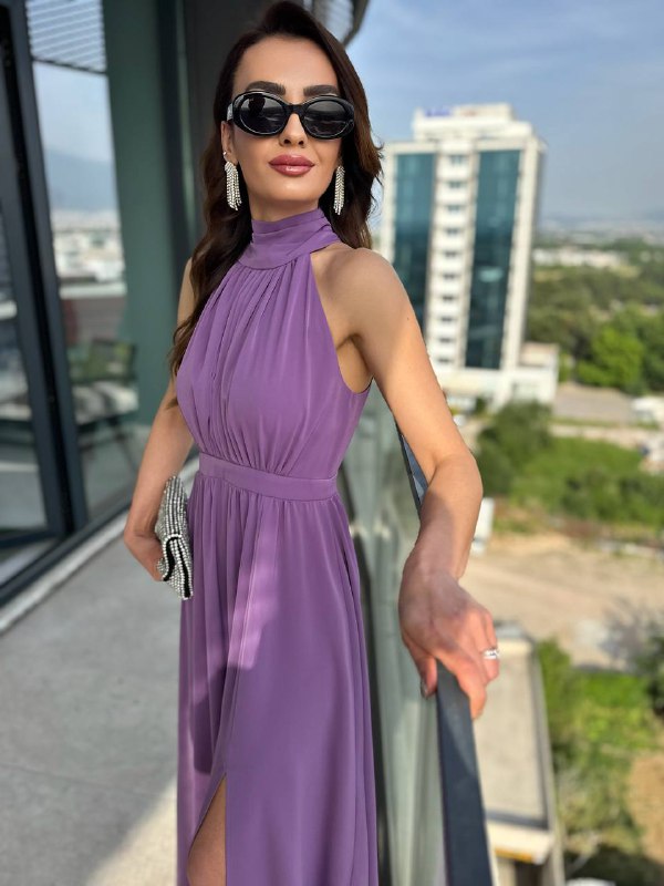 Lila%20Tasarım%20Halter%20Yaka%20Kloş%20Elbise
