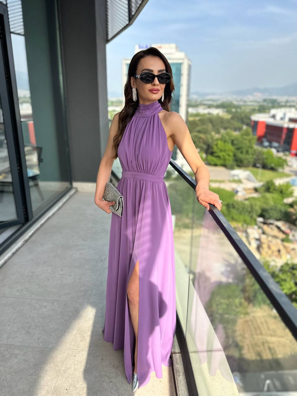 Lila%20Tasarım%20Halter%20Yaka%20Kloş%20Elbise