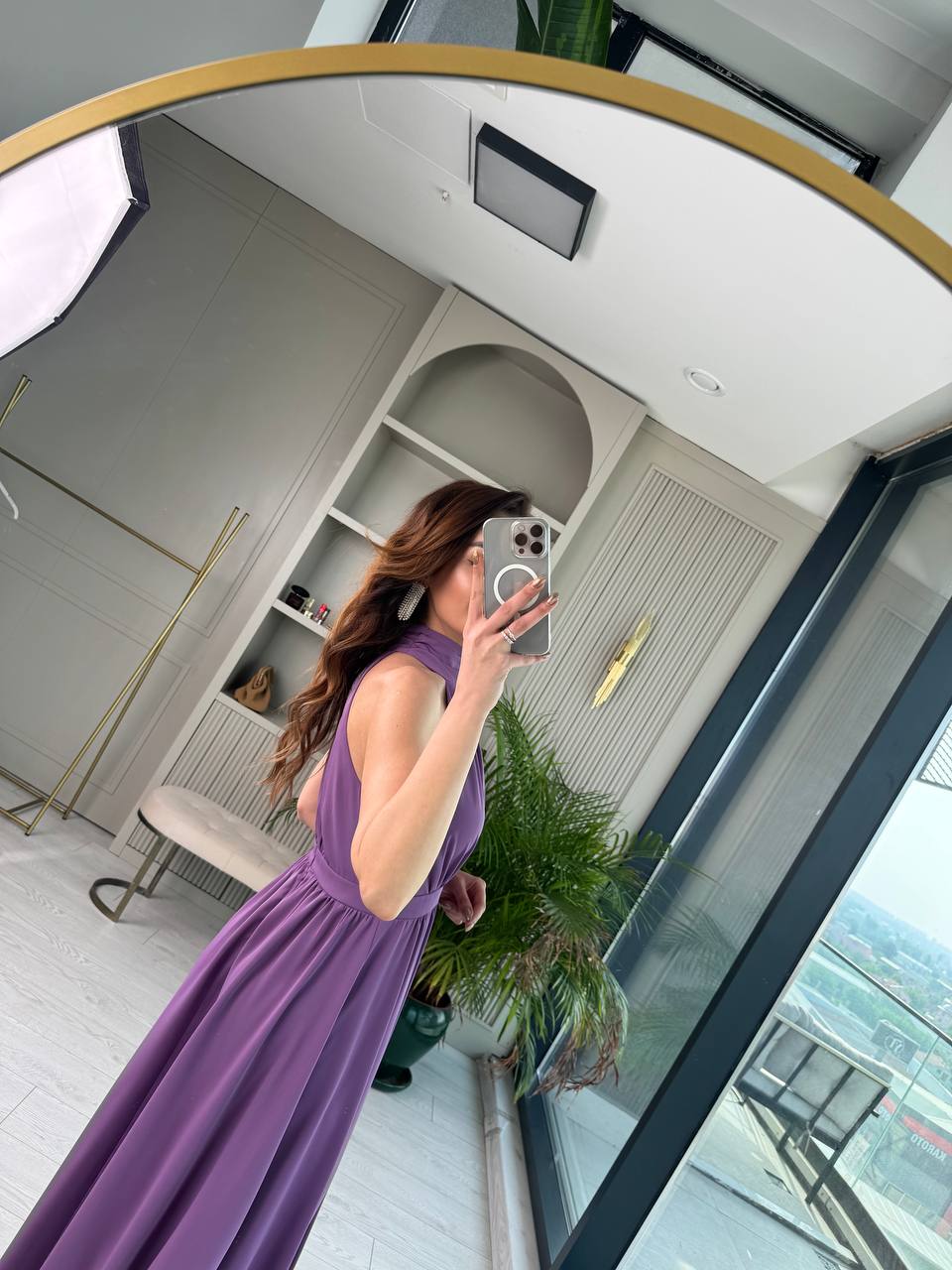 Lila%20Tasarım%20Halter%20Yaka%20Kloş%20Elbise