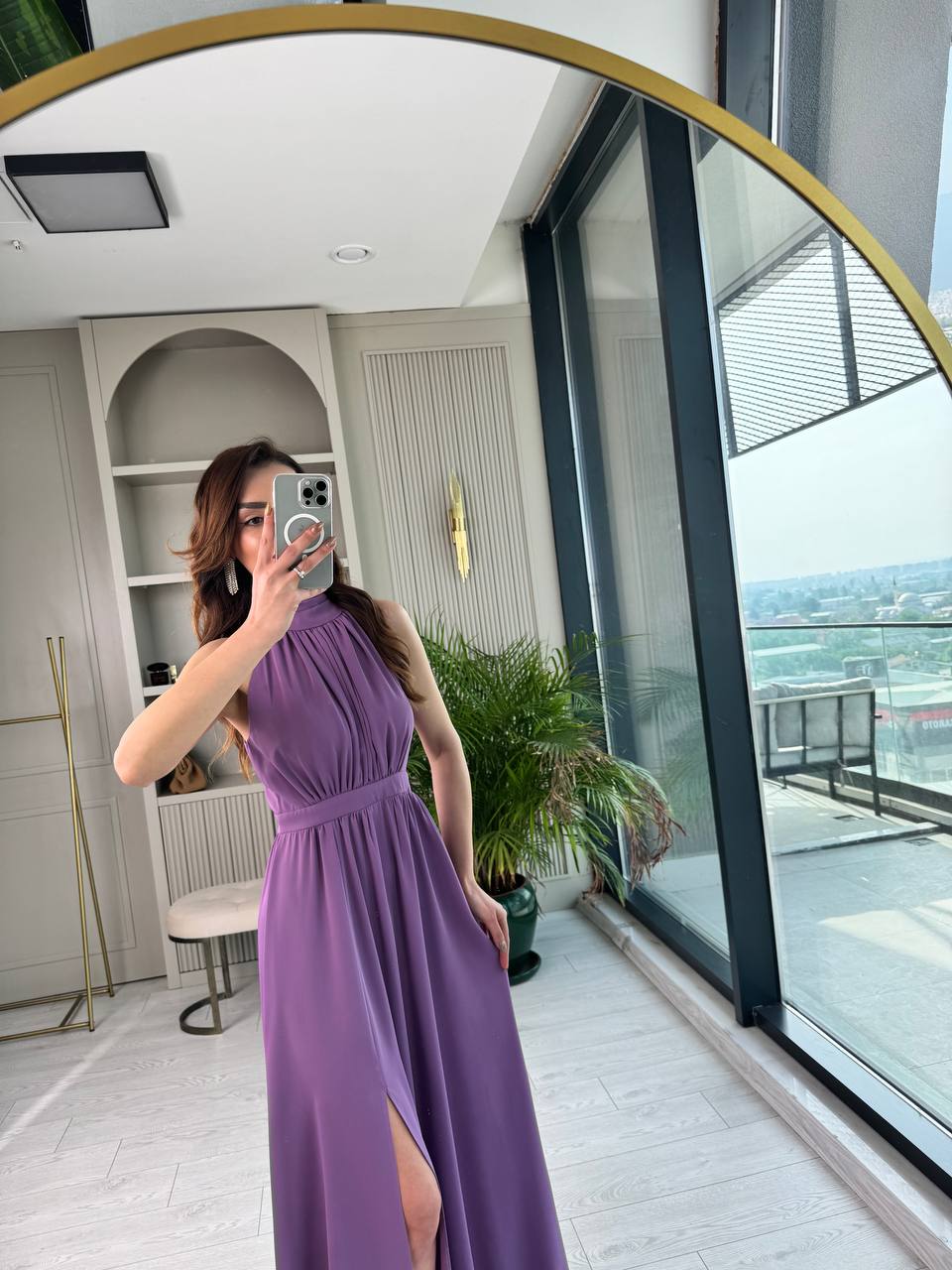 Lila%20Tasarım%20Halter%20Yaka%20Kloş%20Elbise