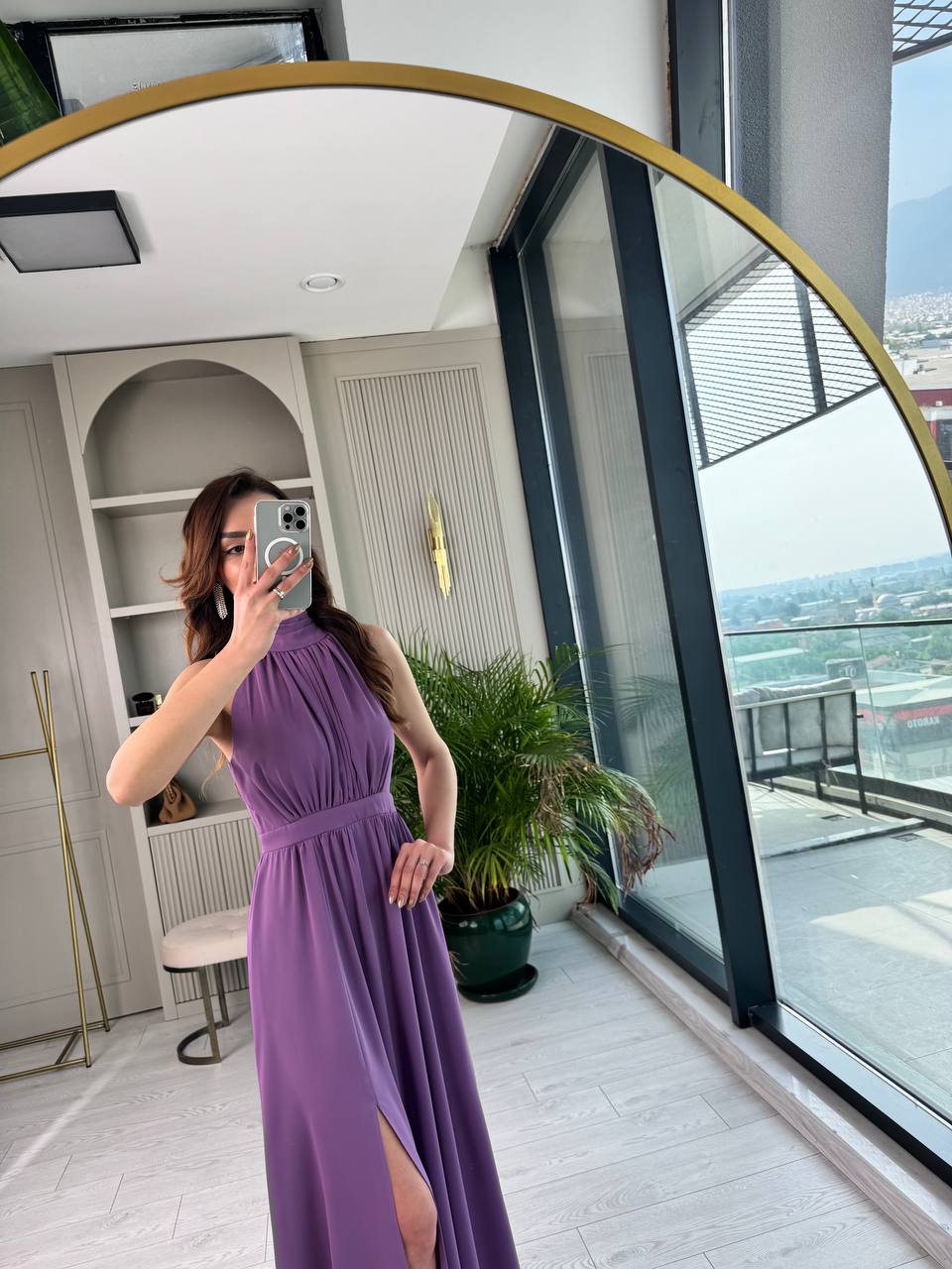 Lila%20Tasarım%20Halter%20Yaka%20Kloş%20Elbise