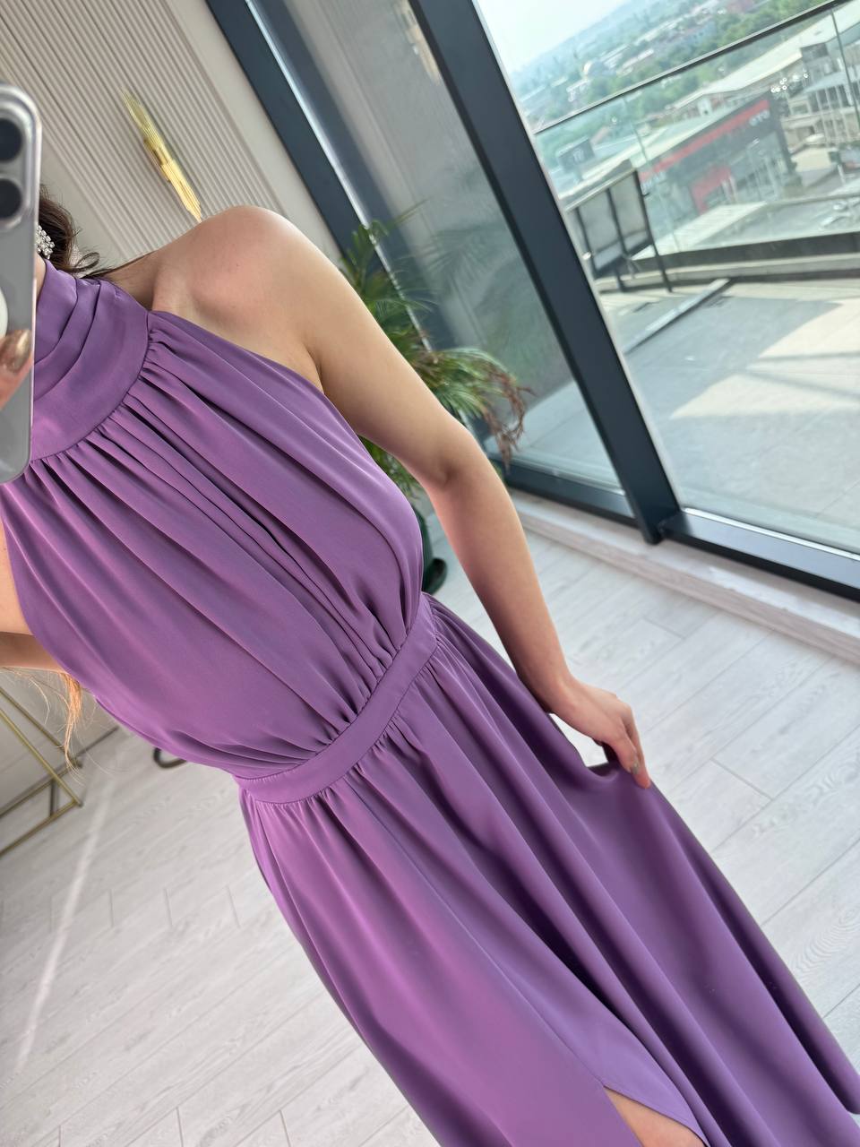 Lila%20Tasarım%20Halter%20Yaka%20Kloş%20Elbise