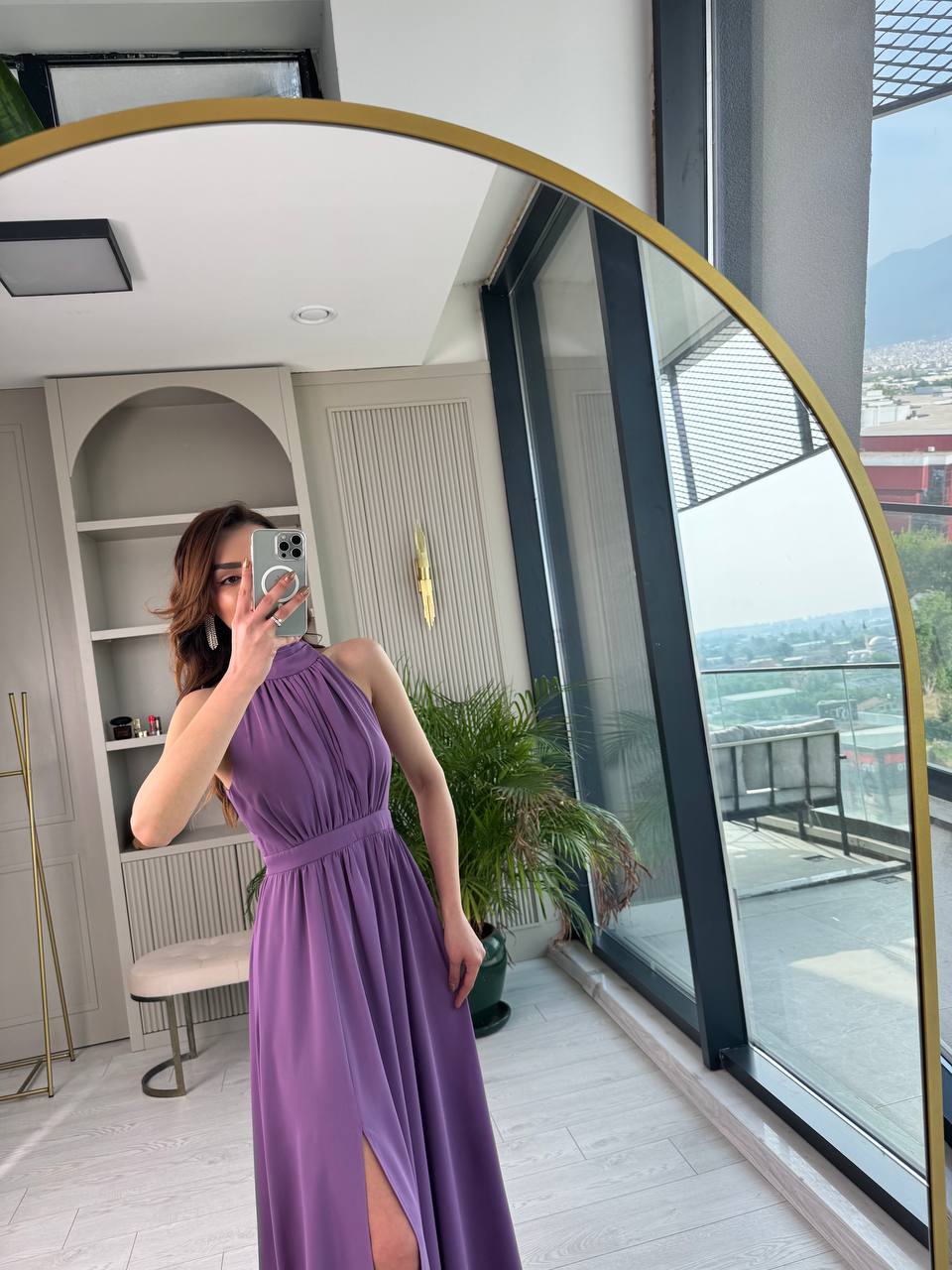 Lila%20Tasarım%20Halter%20Yaka%20Kloş%20Elbise