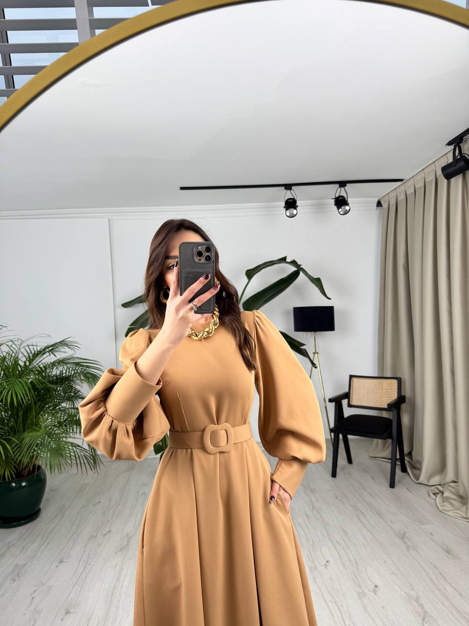 Camel%20Kemerli%20Lüks%20Kalite%20Atlas%20Kumaş%20Çan%20Kesim%20Elbise