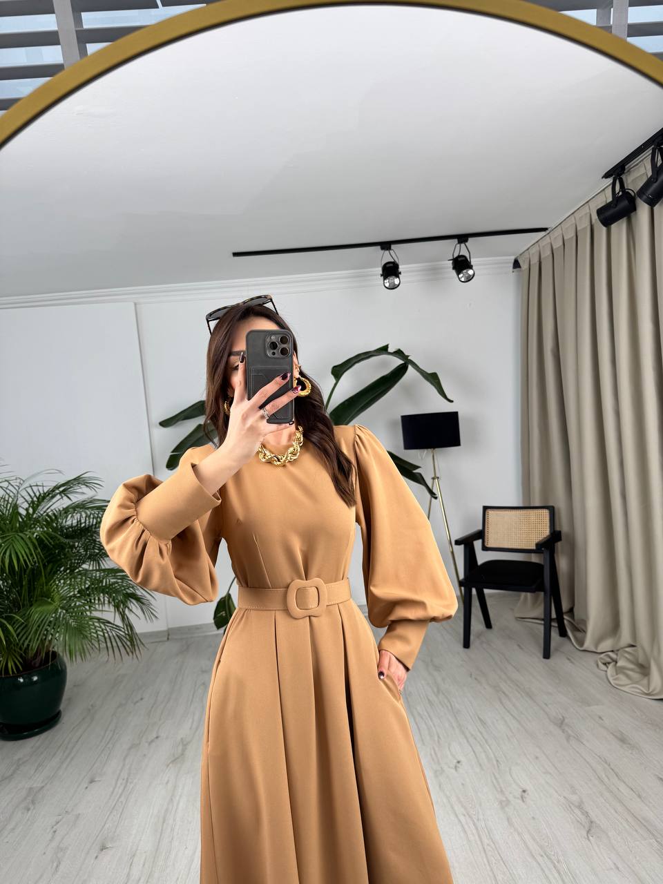 Camel%20Kemerli%20Lüks%20Kalite%20Atlas%20Kumaş%20Çan%20Kesim%20Elbise
