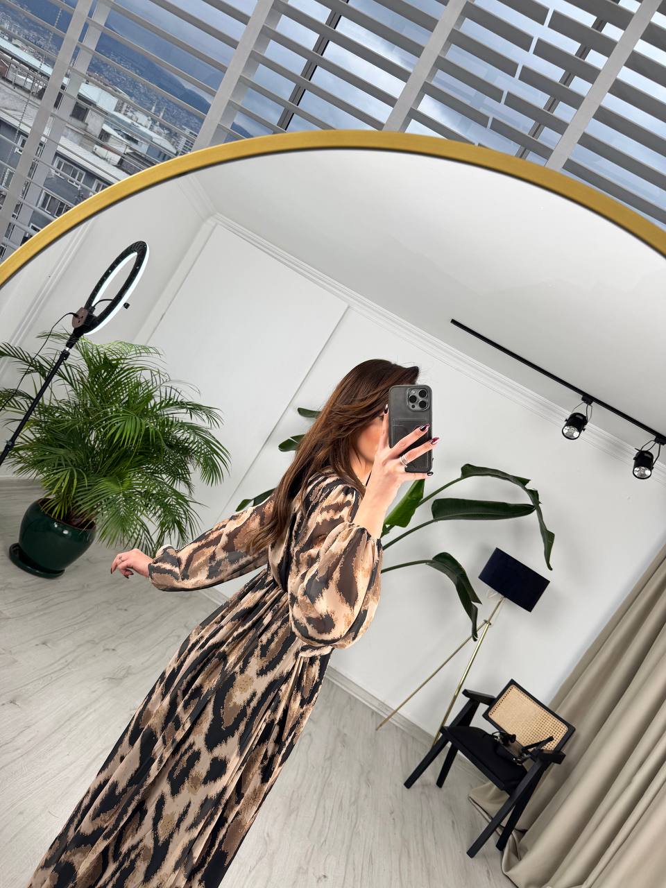 Kahve%20Siyah%20Desenli%20Bel%20Detay%20Astarlı%20Maxi%20Boy%20Şifon%20Elbise