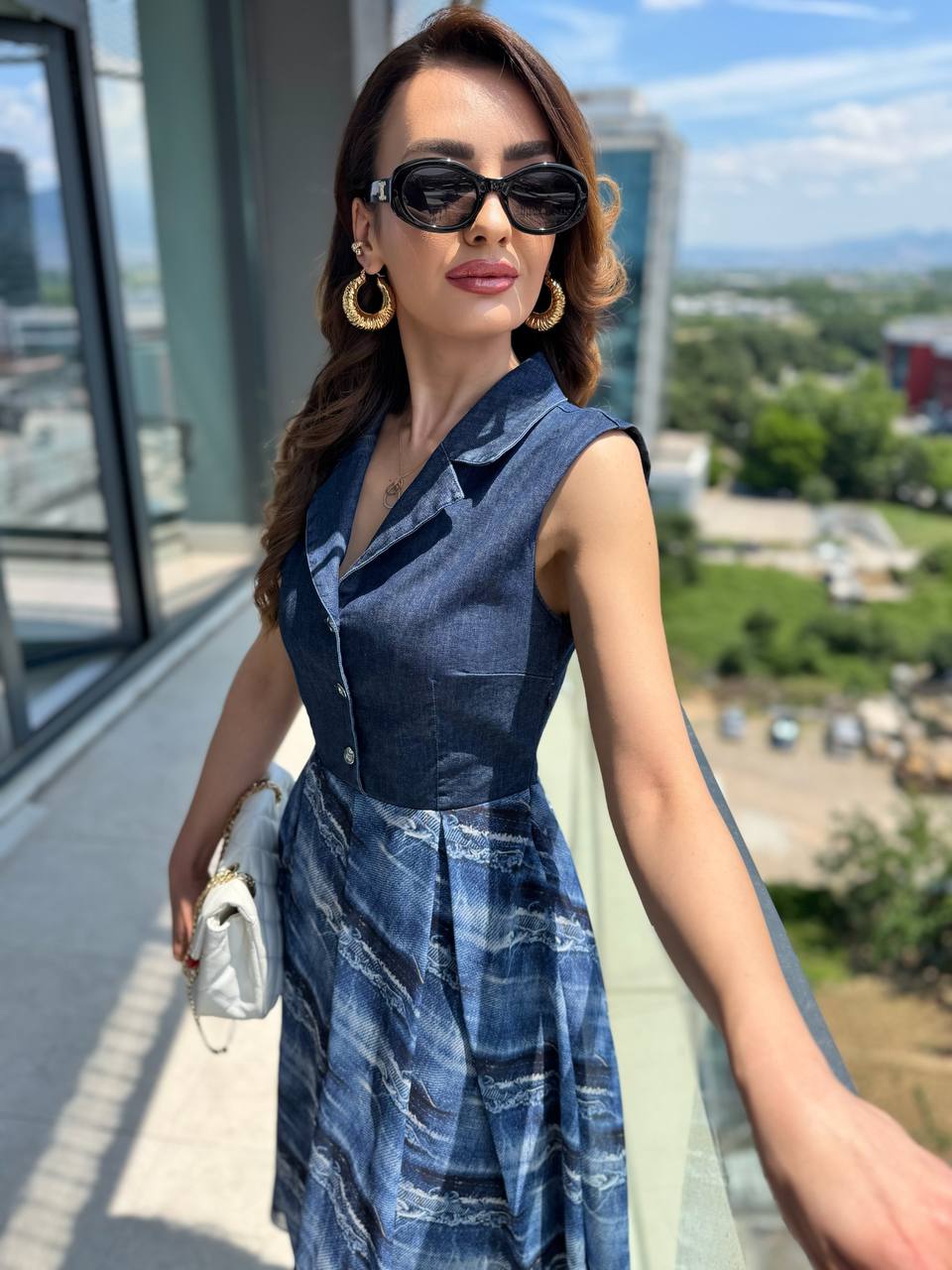 Tasarım%20Mavi%20Desenli%20Ceket%20Yaka%20Etek%20Kısmı%20Şifon%20Astarlı%20Jean%20Elbise