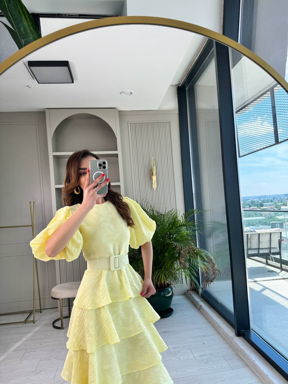 Soft%20Sarı%20%100%20Pamuklu%20Lüks%20Kumaş%20Eteği%20Kat%20Kat%20Astarlı%20Elbise