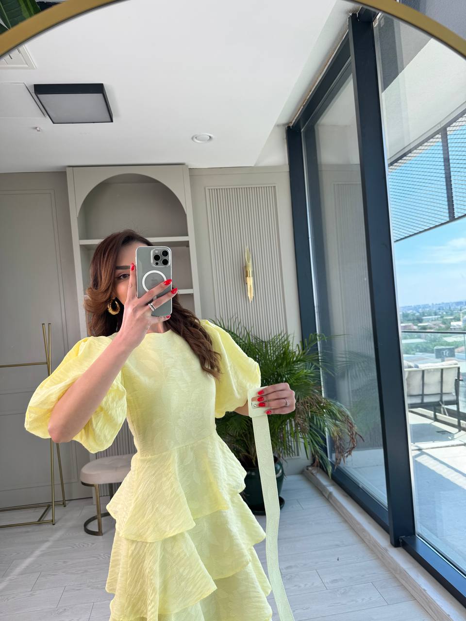 Soft%20Sarı%20%100%20Pamuklu%20Lüks%20Kumaş%20Eteği%20Kat%20Kat%20Astarlı%20Elbise