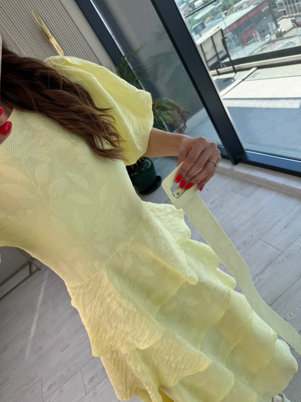 Soft%20Sarı%20%100%20Pamuklu%20Lüks%20Kumaş%20Eteği%20Kat%20Kat%20Astarlı%20Elbise