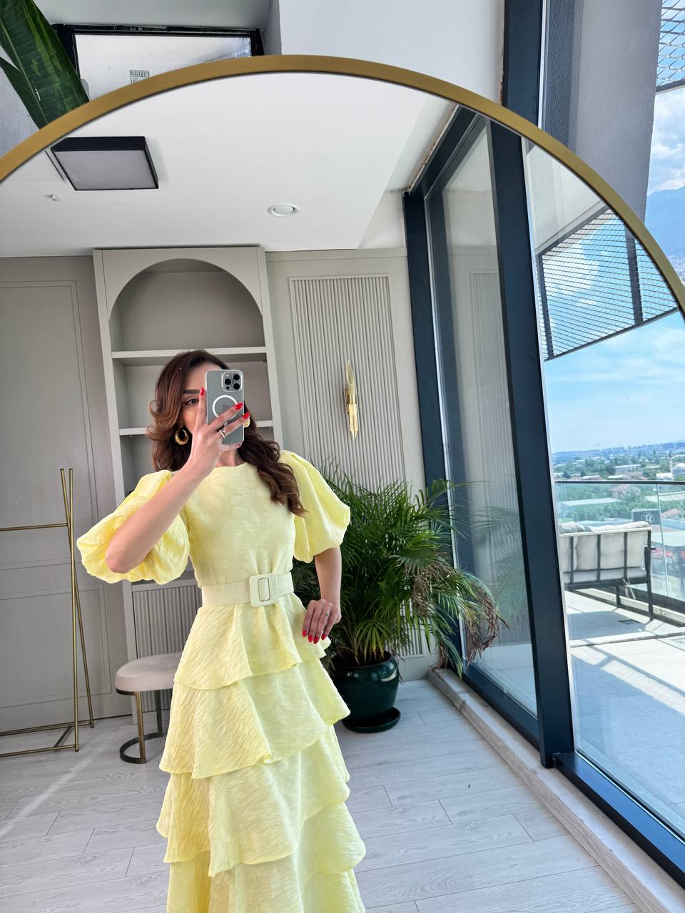 Soft%20Sarı%20%100%20Pamuklu%20Lüks%20Kumaş%20Eteği%20Kat%20Kat%20Astarlı%20Elbise