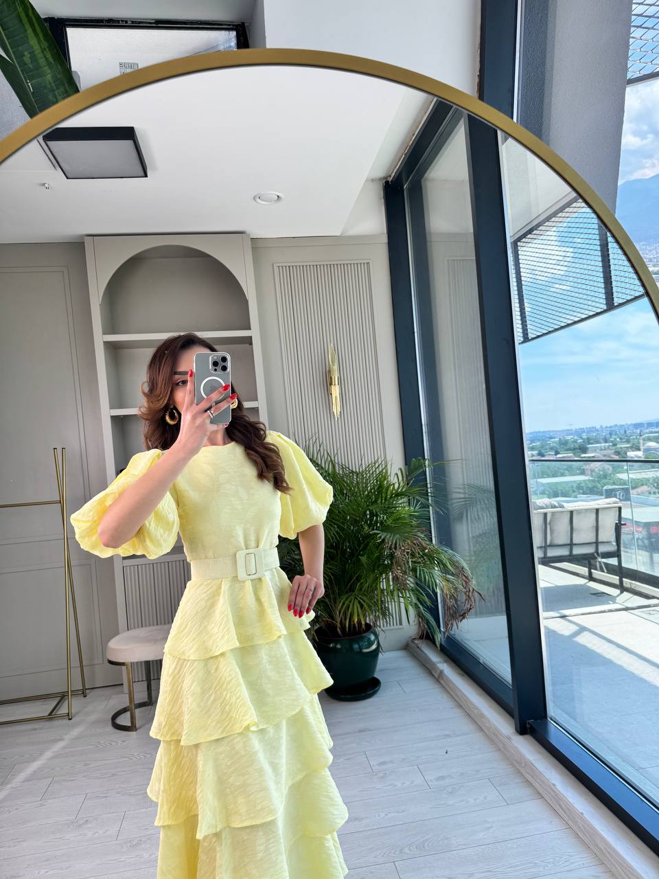 Soft%20Sarı%20%100%20Pamuklu%20Lüks%20Kumaş%20Eteği%20Kat%20Kat%20Astarlı%20Elbise