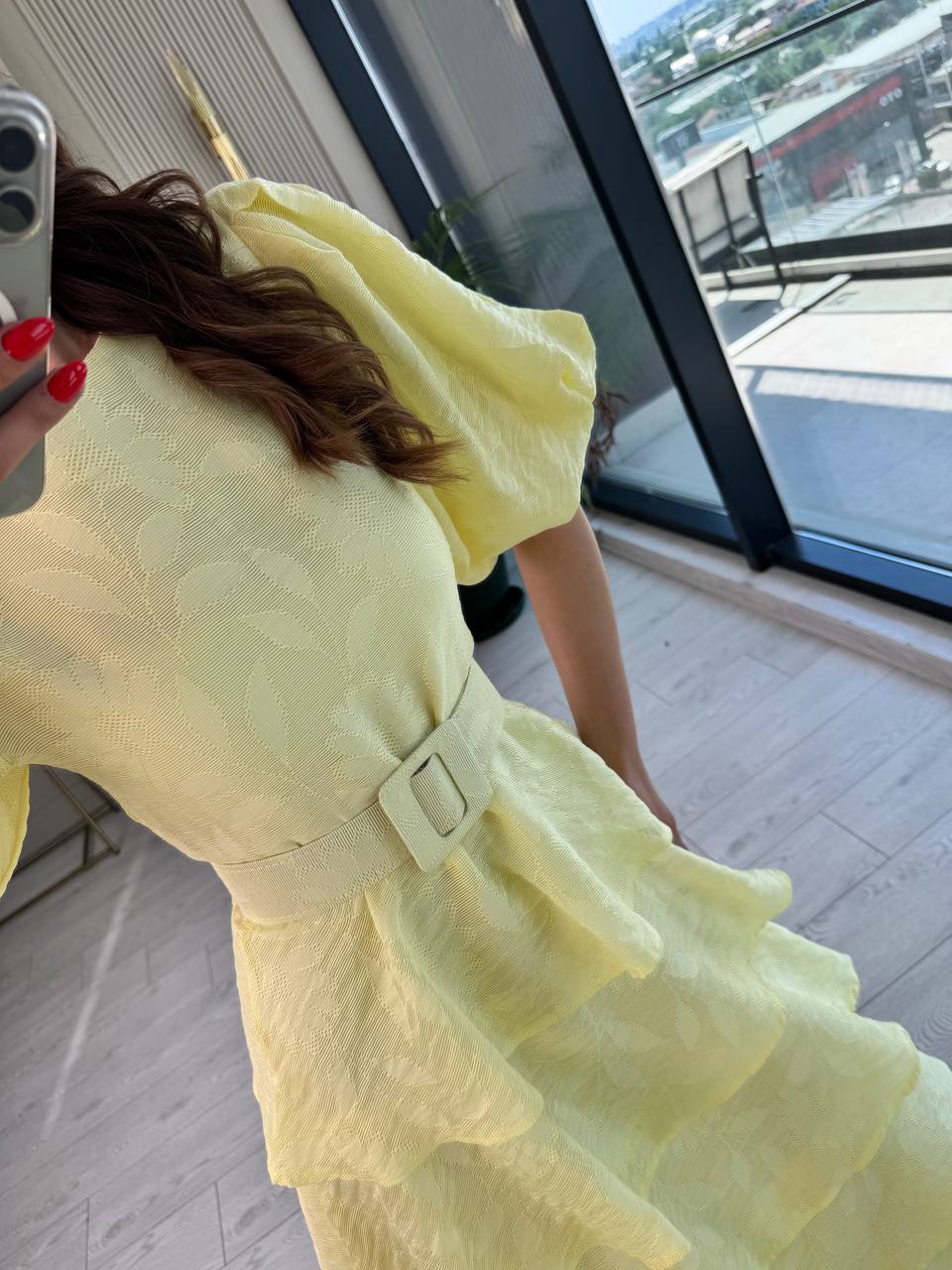 Soft%20Sarı%20%100%20Pamuklu%20Lüks%20Kumaş%20Eteği%20Kat%20Kat%20Astarlı%20Elbise