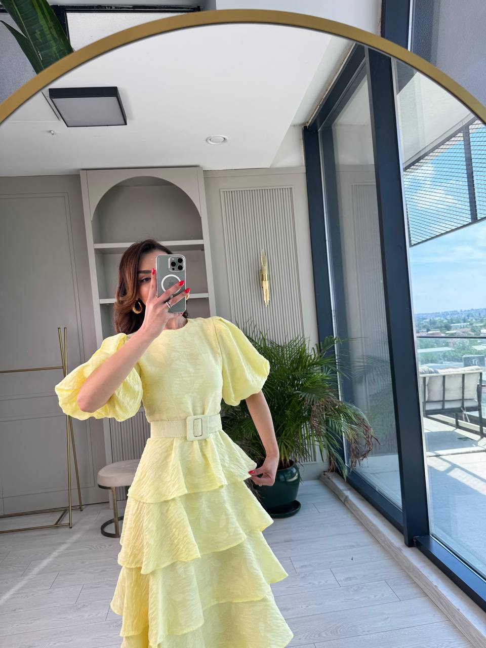 Soft%20Sarı%20%100%20Pamuklu%20Lüks%20Kumaş%20Eteği%20Kat%20Kat%20Astarlı%20Elbise