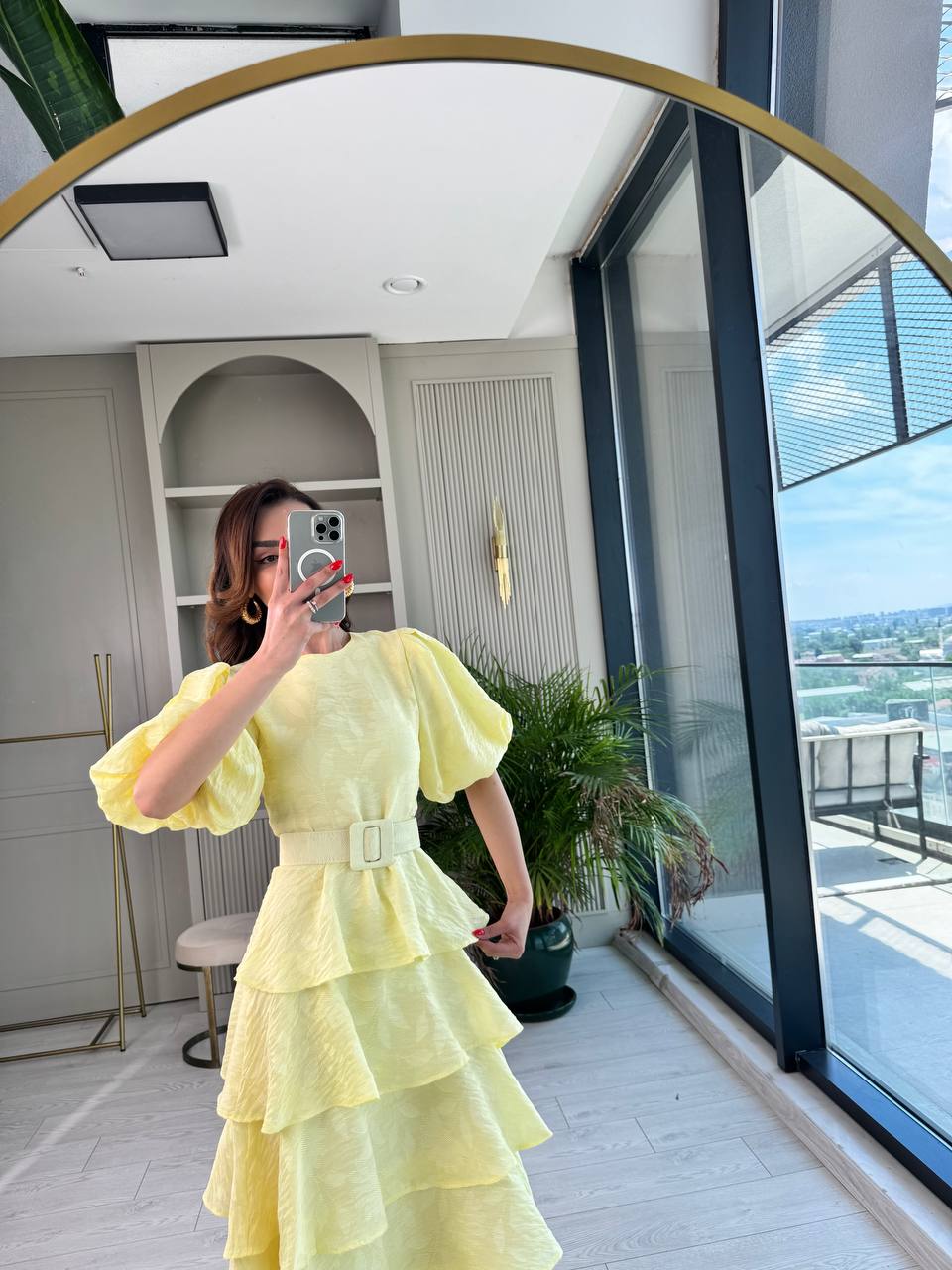 Soft%20Sarı%20%100%20Pamuklu%20Lüks%20Kumaş%20Eteği%20Kat%20Kat%20Astarlı%20Elbise