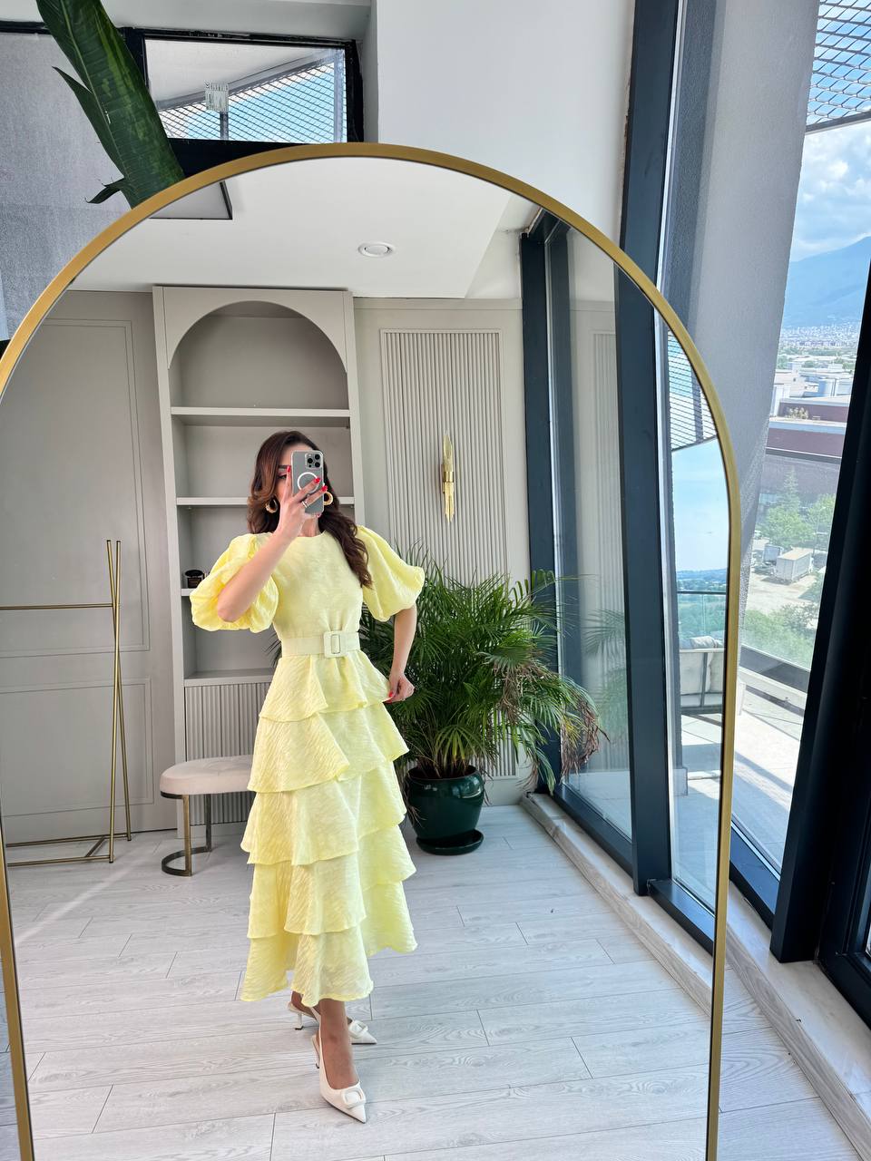 Soft%20Sarı%20%100%20Pamuklu%20Lüks%20Kumaş%20Eteği%20Kat%20Kat%20Astarlı%20Elbise