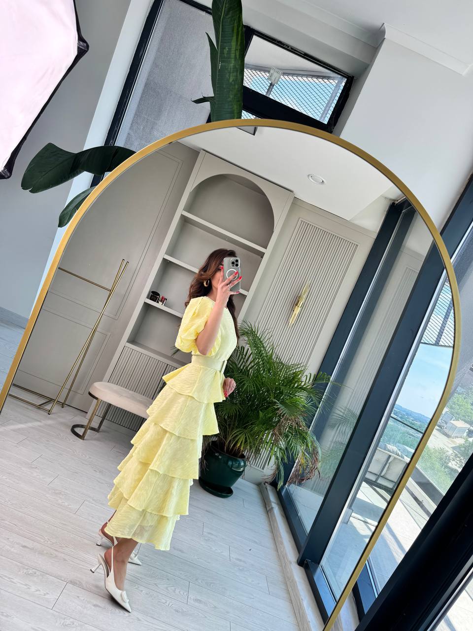 Soft%20Sarı%20%100%20Pamuklu%20Lüks%20Kumaş%20Eteği%20Kat%20Kat%20Astarlı%20Elbise