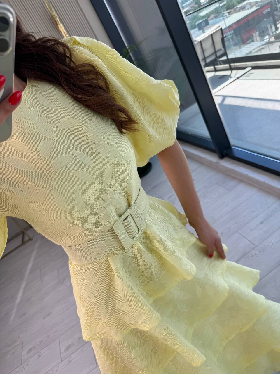 Soft%20Sarı%20%100%20Pamuklu%20Lüks%20Kumaş%20Eteği%20Kat%20Kat%20Astarlı%20Elbise