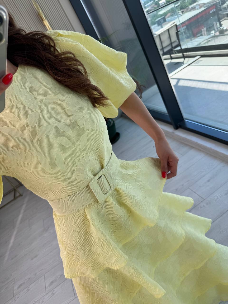 Soft%20Sarı%20%100%20Pamuklu%20Lüks%20Kumaş%20Eteği%20Kat%20Kat%20Astarlı%20Elbise