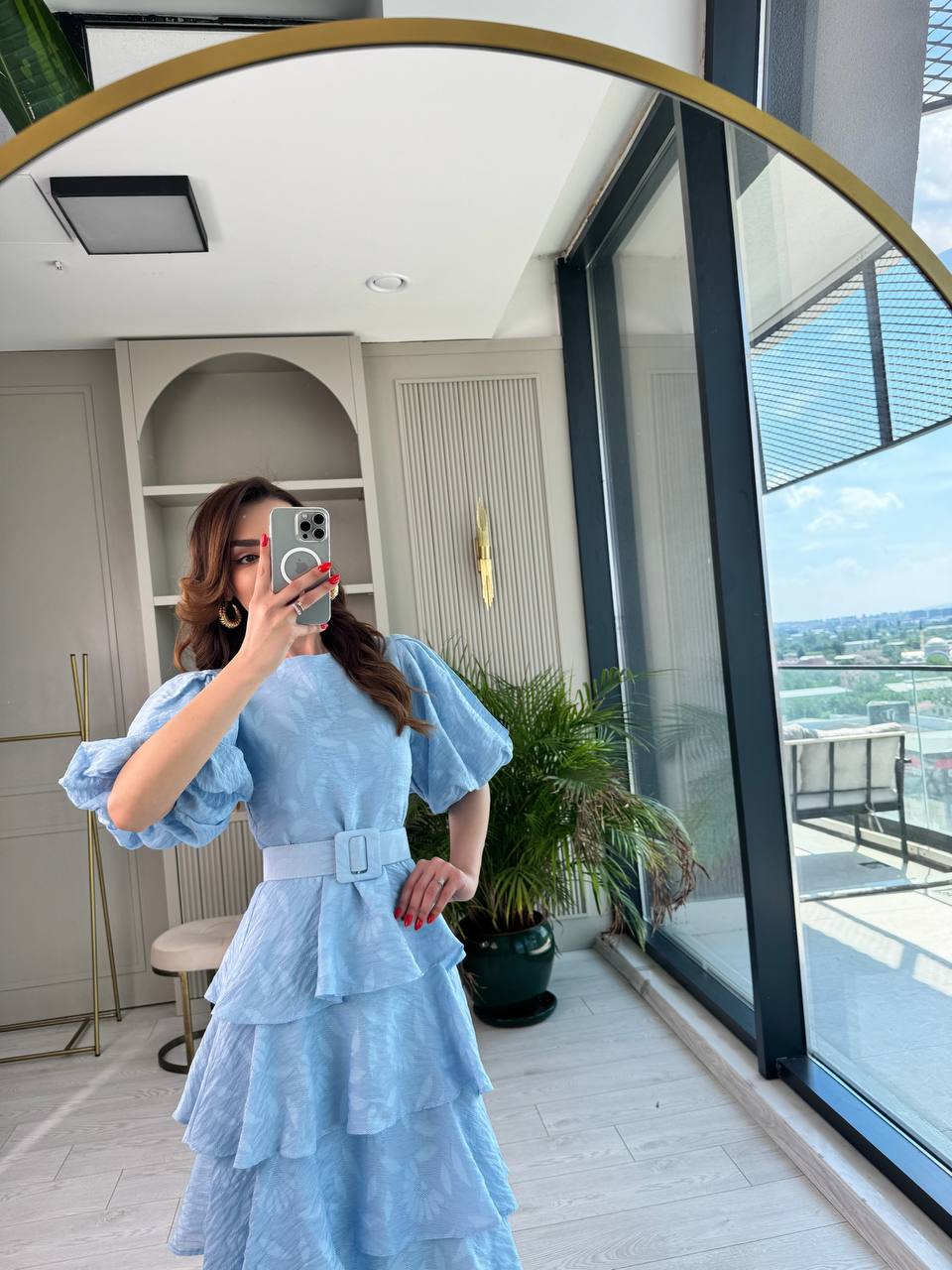 Mavi%20%100%20Pamuklu%20Lüks%20Kumaş%20Eteği%20Kat%20Kat%20Astarlı%20Elbise