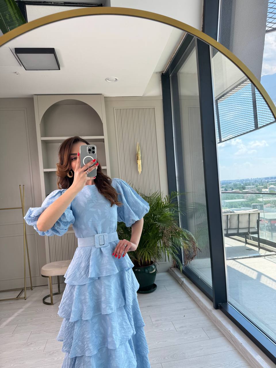 Mavi%20%100%20Pamuklu%20Lüks%20Kumaş%20Eteği%20Kat%20Kat%20Astarlı%20Elbise