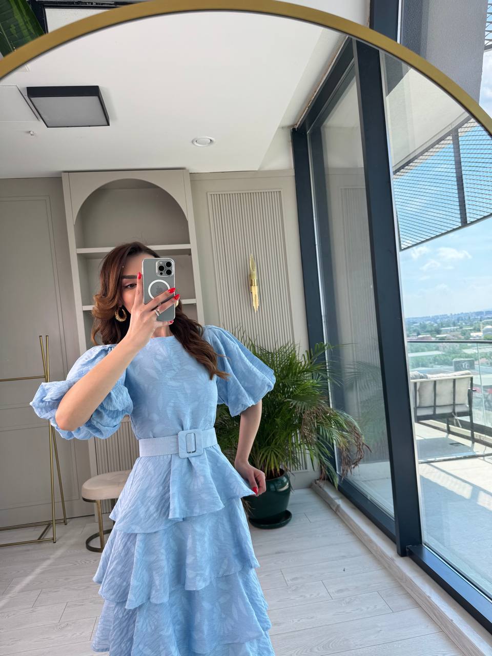 Mavi%20%100%20Pamuklu%20Lüks%20Kumaş%20Eteği%20Kat%20Kat%20Astarlı%20Elbise