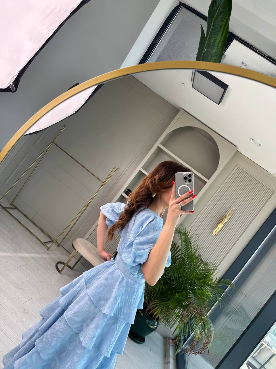 Mavi%20%100%20Pamuklu%20Lüks%20Kumaş%20Eteği%20Kat%20Kat%20Astarlı%20Elbise