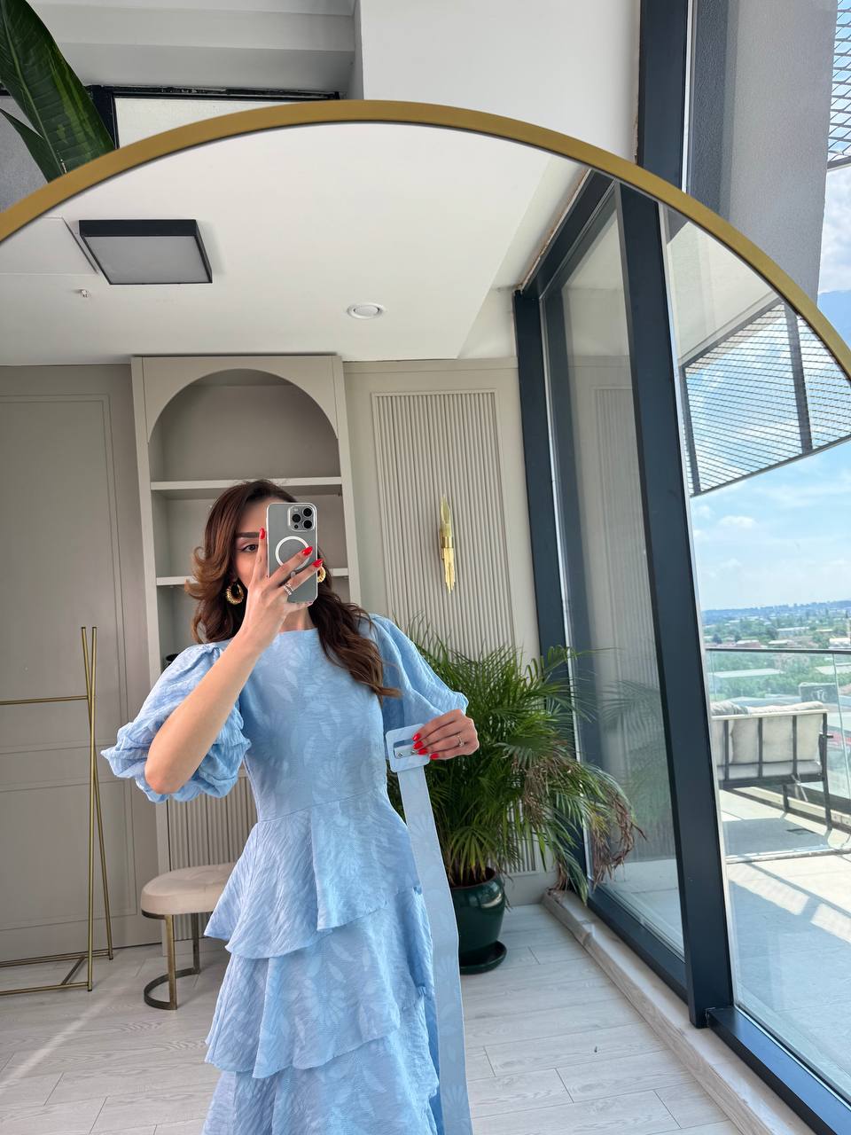 Mavi%20%100%20Pamuklu%20Lüks%20Kumaş%20Eteği%20Kat%20Kat%20Astarlı%20Elbise