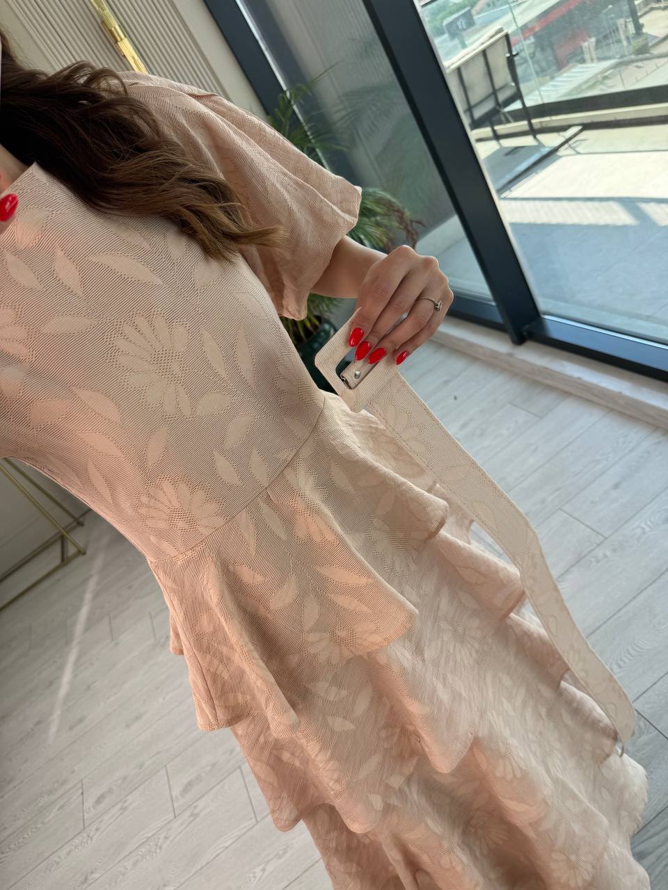 Bej%20%100%20Pamuklu%20Lüks%20Kumaş%20Eteği%20Kat%20Kat%20Astarlı%20Elbise
