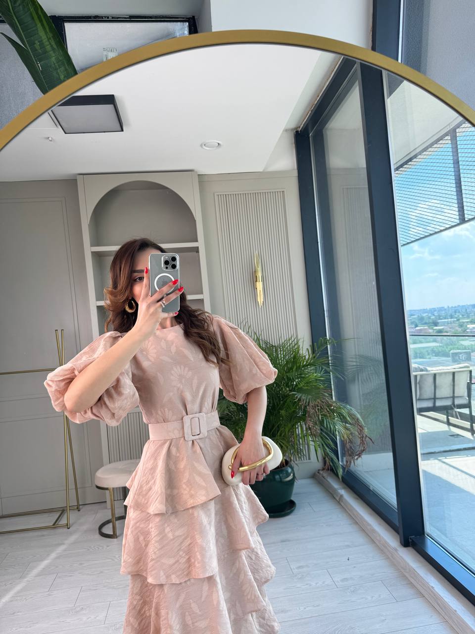 Bej%20%100%20Pamuklu%20Lüks%20Kumaş%20Eteği%20Kat%20Kat%20Astarlı%20Elbise