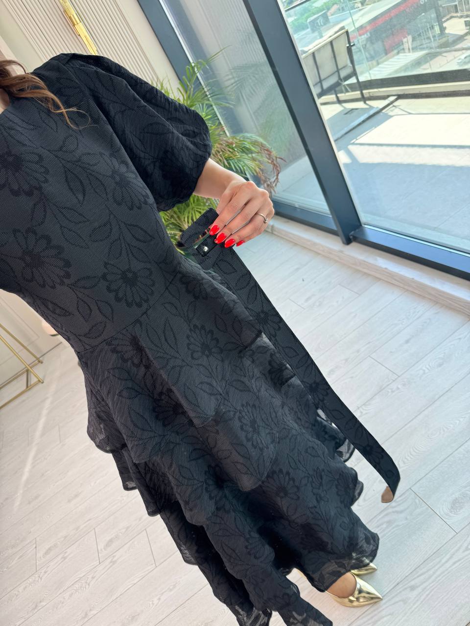 Siyah%20%100%20Pamuklu%20Lüks%20Kumaş%20Eteği%20Kat%20Kat%20Astarlı%20Elbise