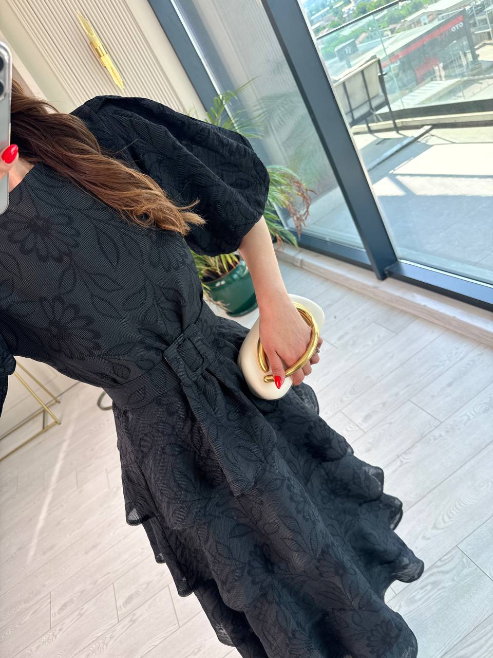 Siyah%20%100%20Pamuklu%20Lüks%20Kumaş%20Eteği%20Kat%20Kat%20Astarlı%20Elbise