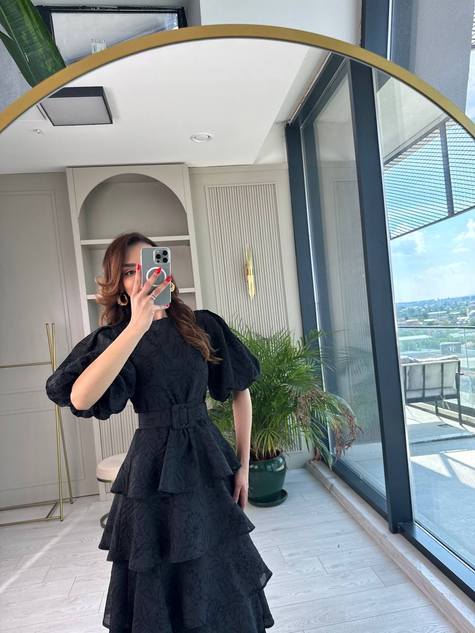 Siyah%20%100%20Pamuklu%20Lüks%20Kumaş%20Eteği%20Kat%20Kat%20Astarlı%20Elbise