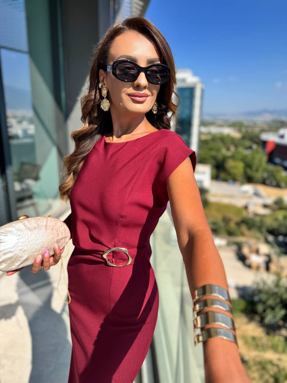 Bordo%20Zara%20Model%20Bel%20Tokalı%20Lüks%20Atlas%20Kumaş%20Kalem%20Elbise