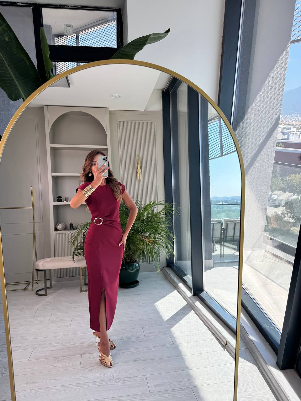 Bordo%20Zara%20Model%20Bel%20Tokalı%20Lüks%20Atlas%20Kumaş%20Kalem%20Elbise