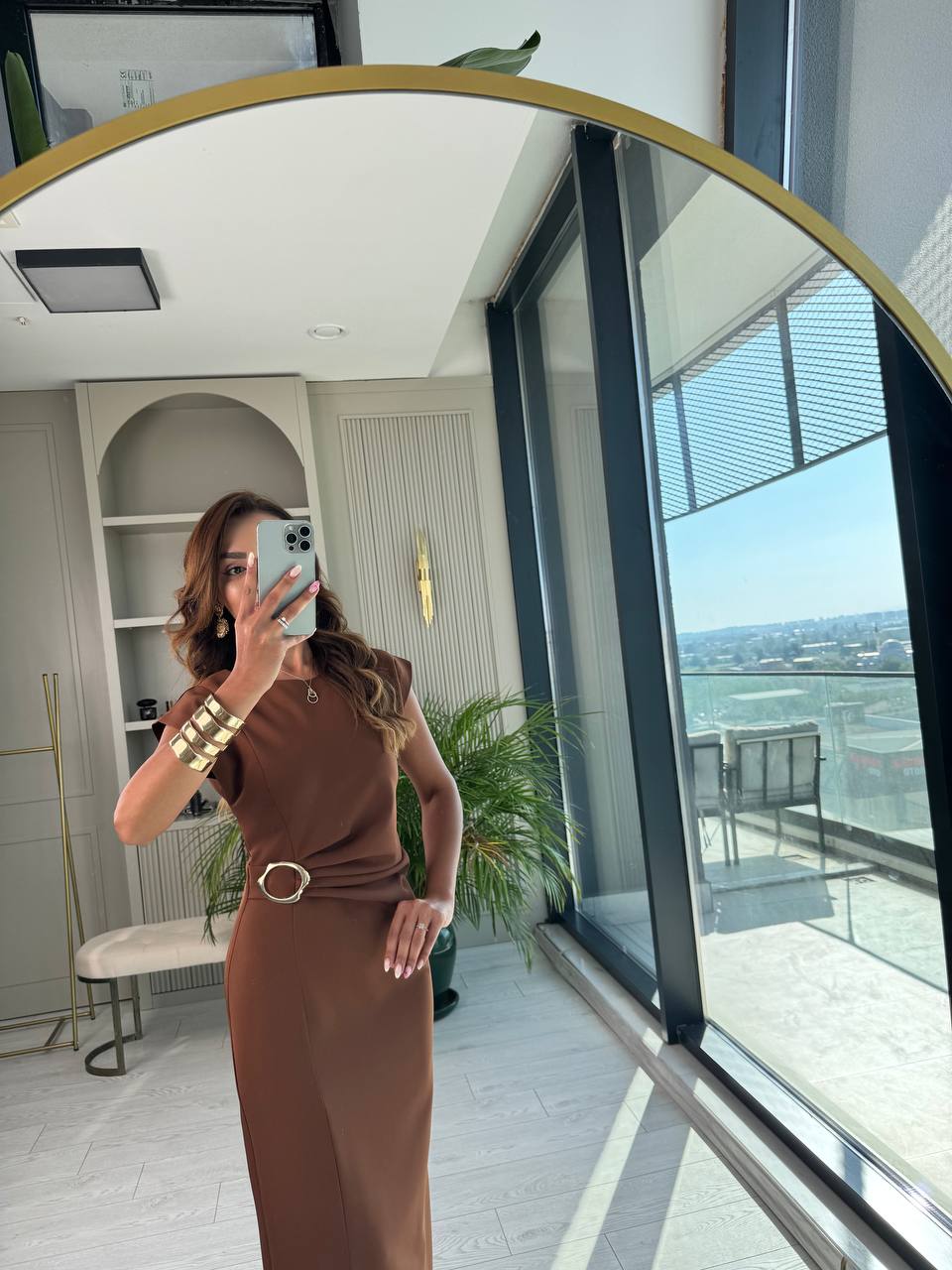 Kahverengi%20Zara%20Model%20Bel%20Tokalı%20Lüks%20Atlas%20Kumaş%20Kalem%20Elbise