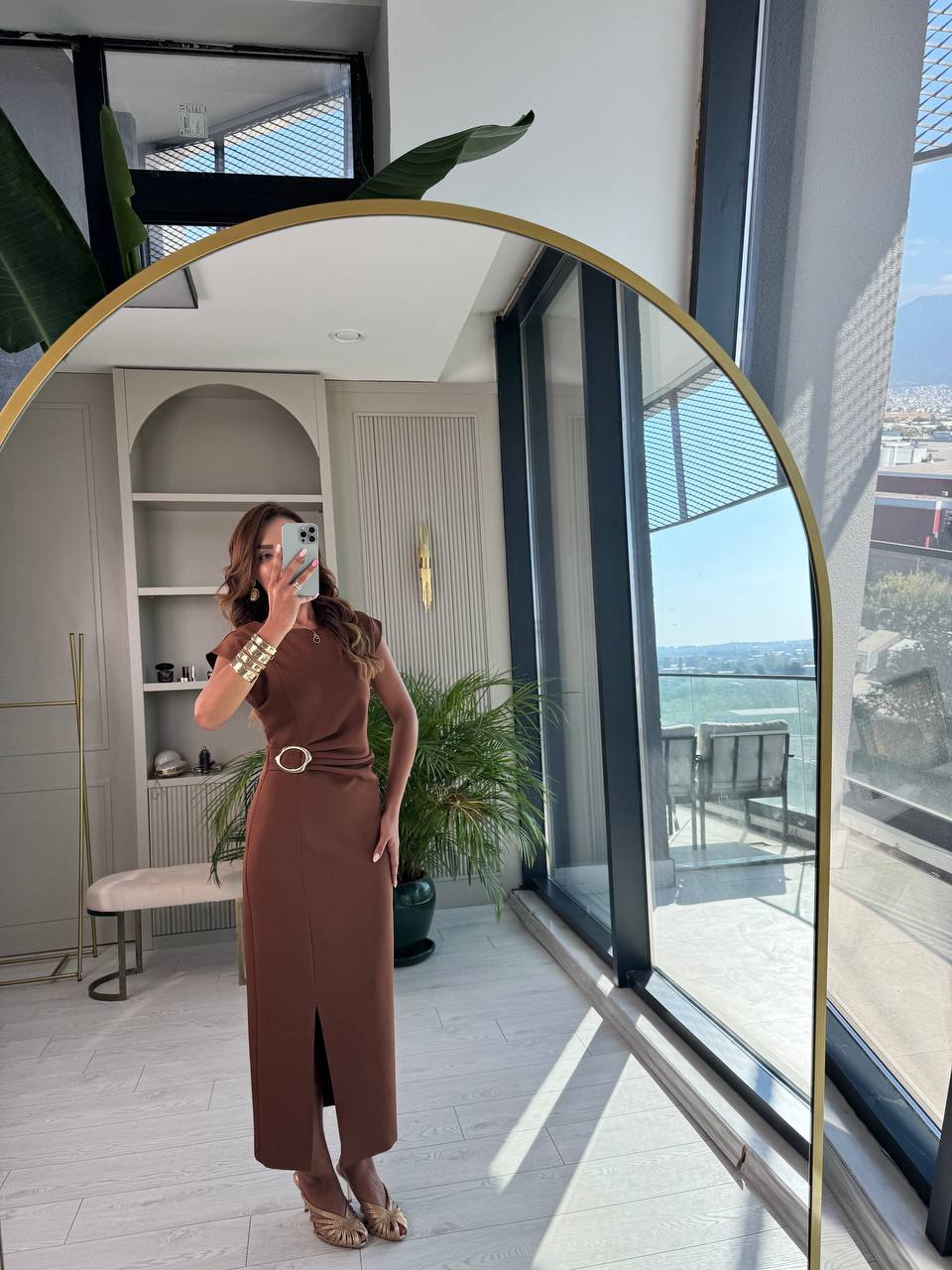 Kahverengi%20Zara%20Model%20Bel%20Tokalı%20Lüks%20Atlas%20Kumaş%20Kalem%20Elbise