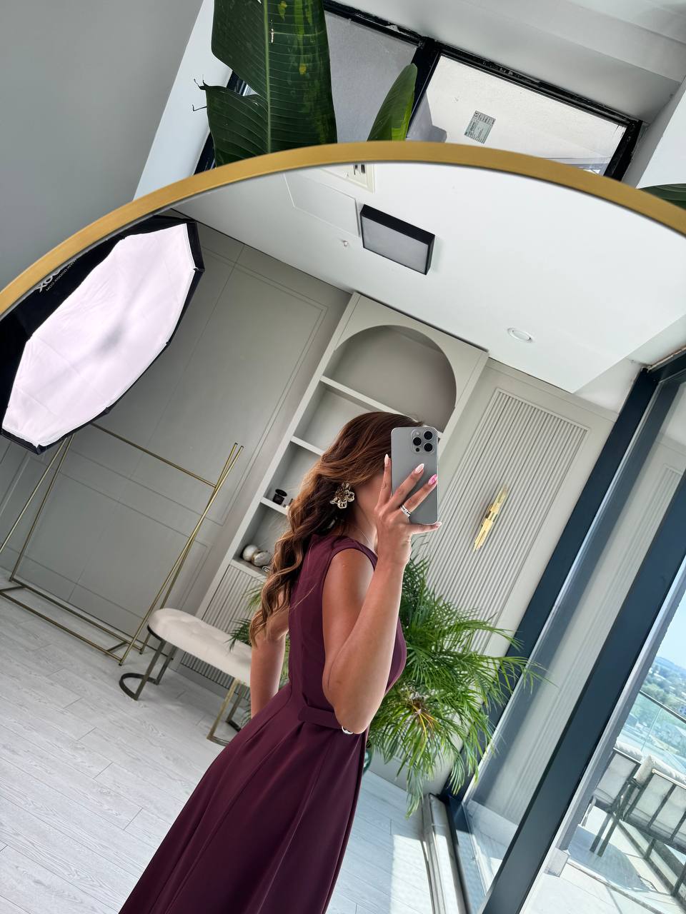 Bordo%20Bel%20Kemer%20Detaylı%20Double%20Crep%20Kumaş%20Midi%20Boy%20Elbise