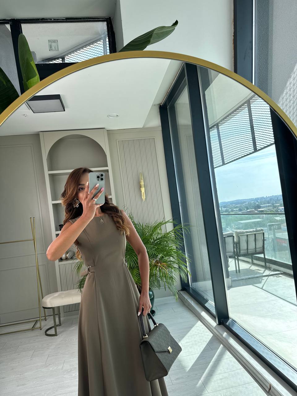 Haki%20Bel%20Kemer%20Detaylı%20Double%20Crep%20Kumaş%20Midi%20Boy%20Elbise