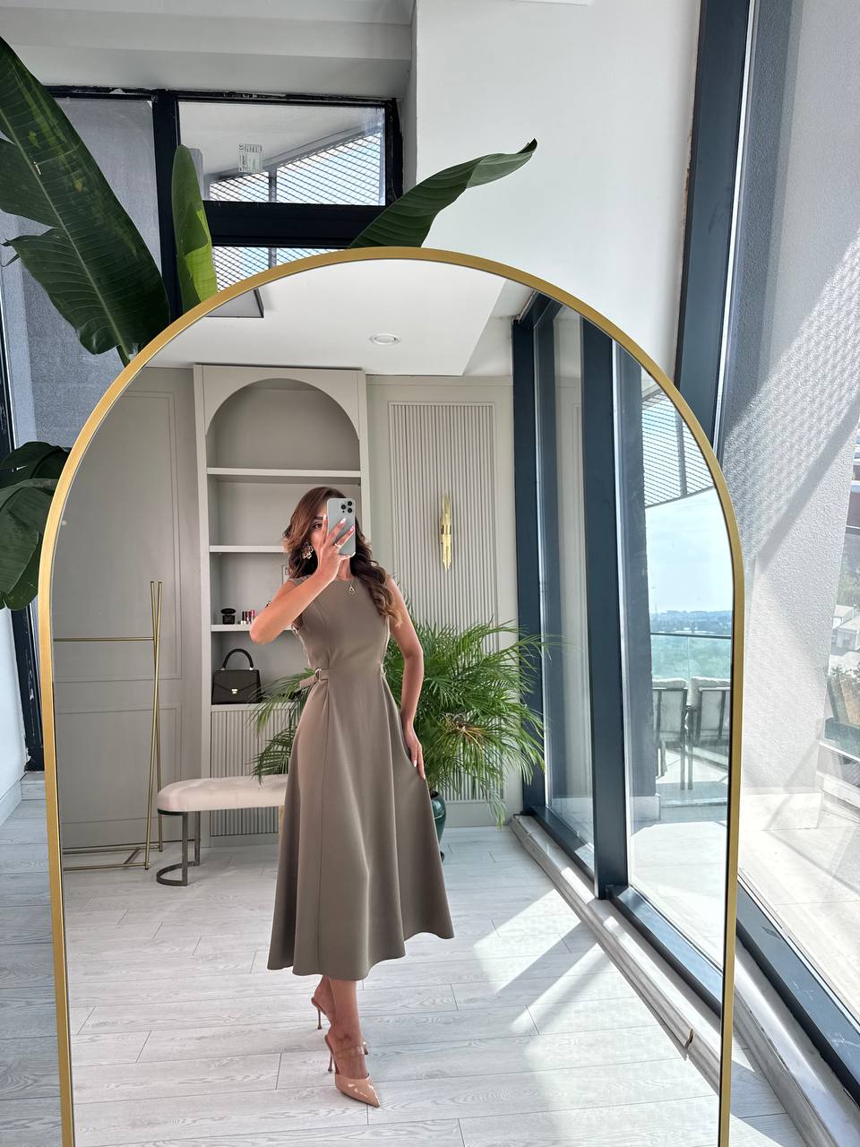 Haki%20Bel%20Kemer%20Detaylı%20Double%20Crep%20Kumaş%20Midi%20Boy%20Elbise