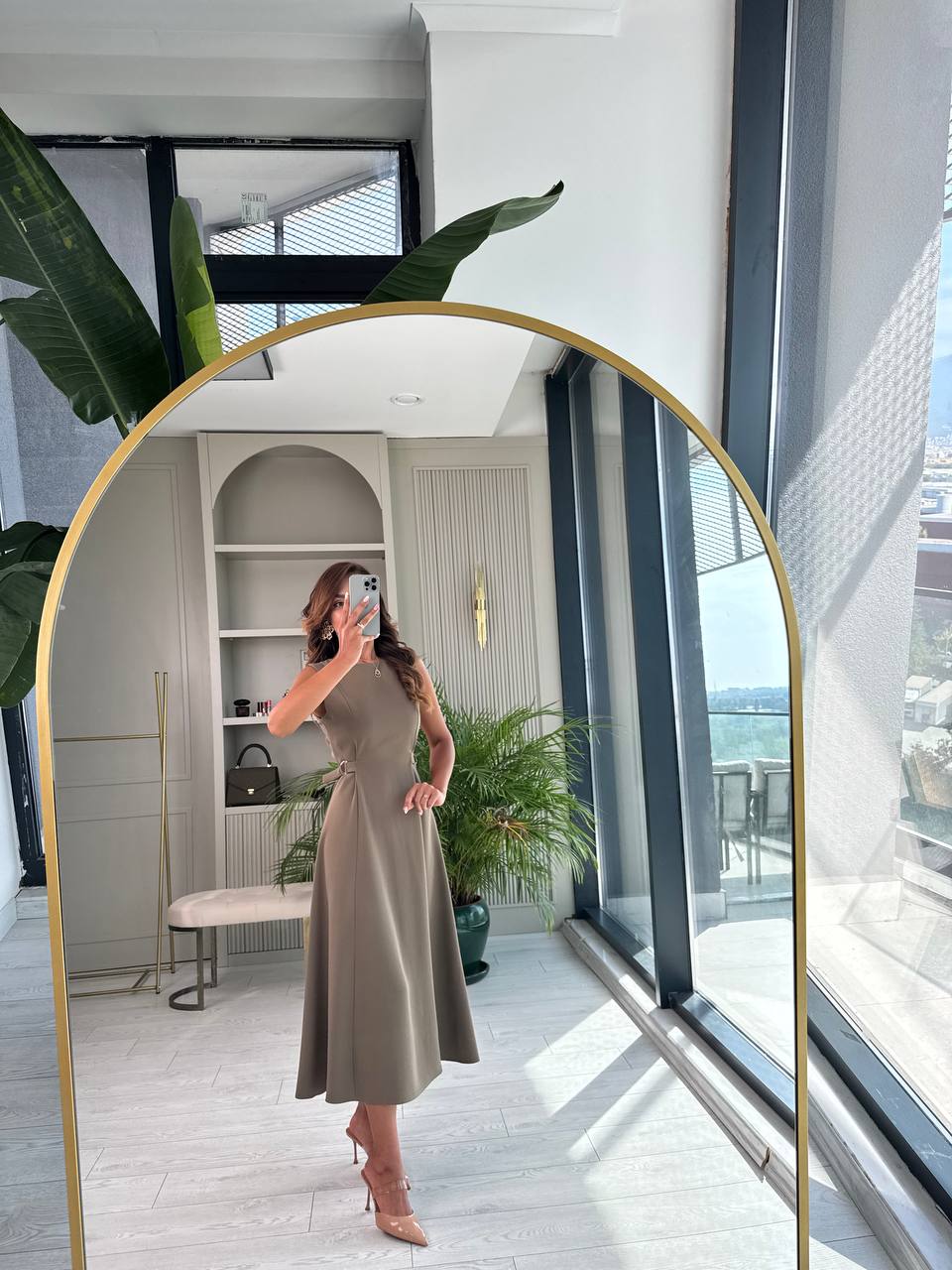 Haki%20Bel%20Kemer%20Detaylı%20Double%20Crep%20Kumaş%20Midi%20Boy%20Elbise