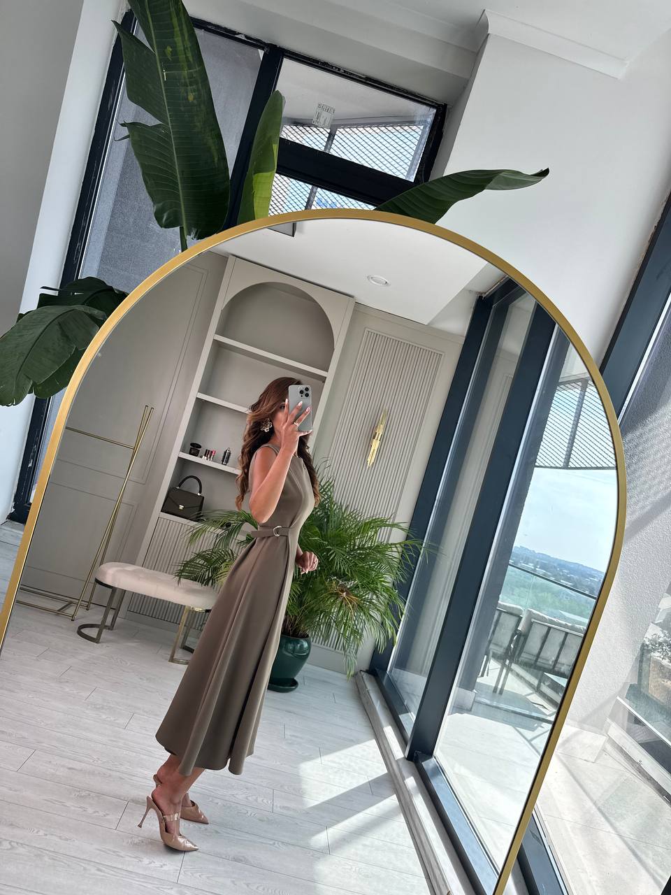 Haki%20Bel%20Kemer%20Detaylı%20Double%20Crep%20Kumaş%20Midi%20Boy%20Elbise