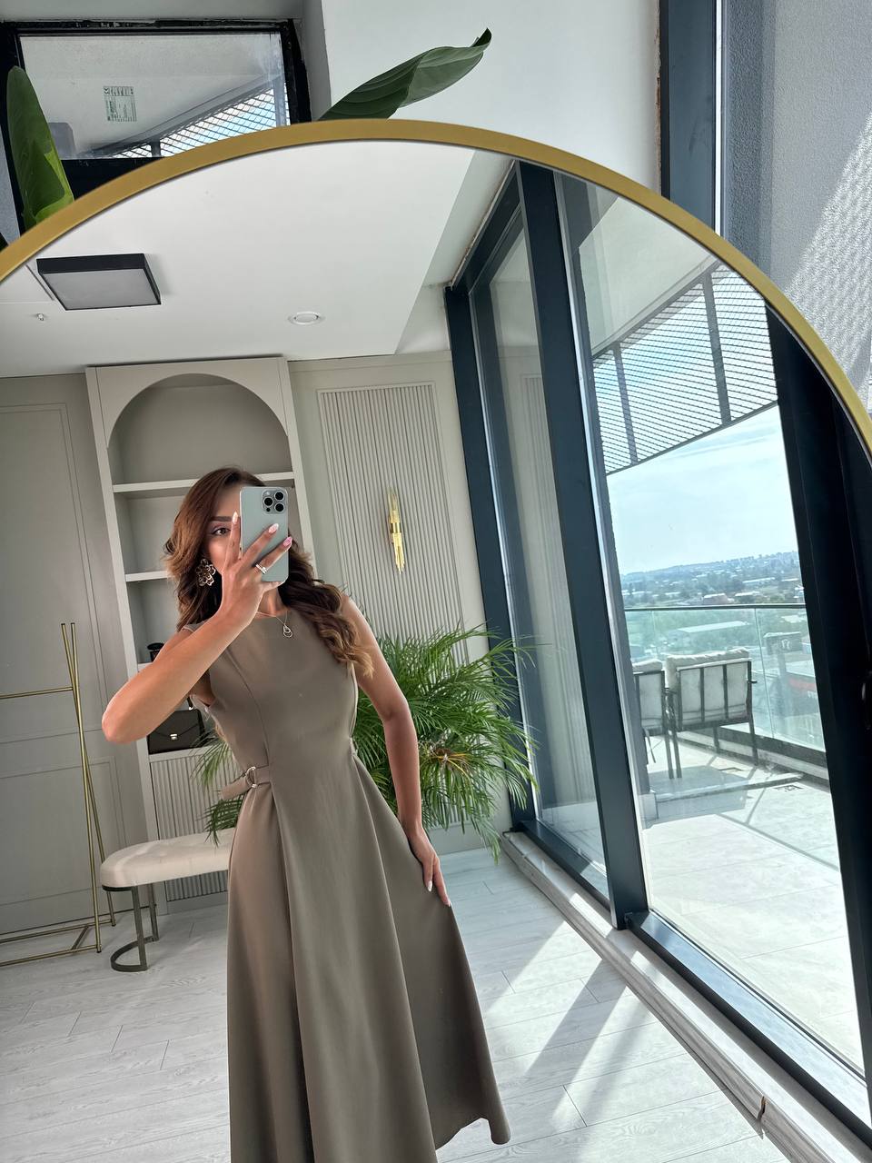 Haki%20Bel%20Kemer%20Detaylı%20Double%20Crep%20Kumaş%20Midi%20Boy%20Elbise