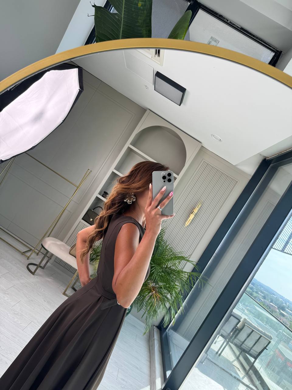 Kahverengi%20Bel%20Kemer%20Detaylı%20Double%20Crep%20Kumaş%20Midi%20Boy%20Elbise