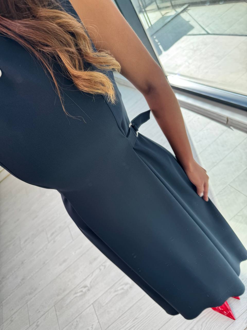 Lacivert%20Bel%20Kemer%20Detaylı%20Double%20Crep%20Kumaş%20Midi%20Boy%20Elbise