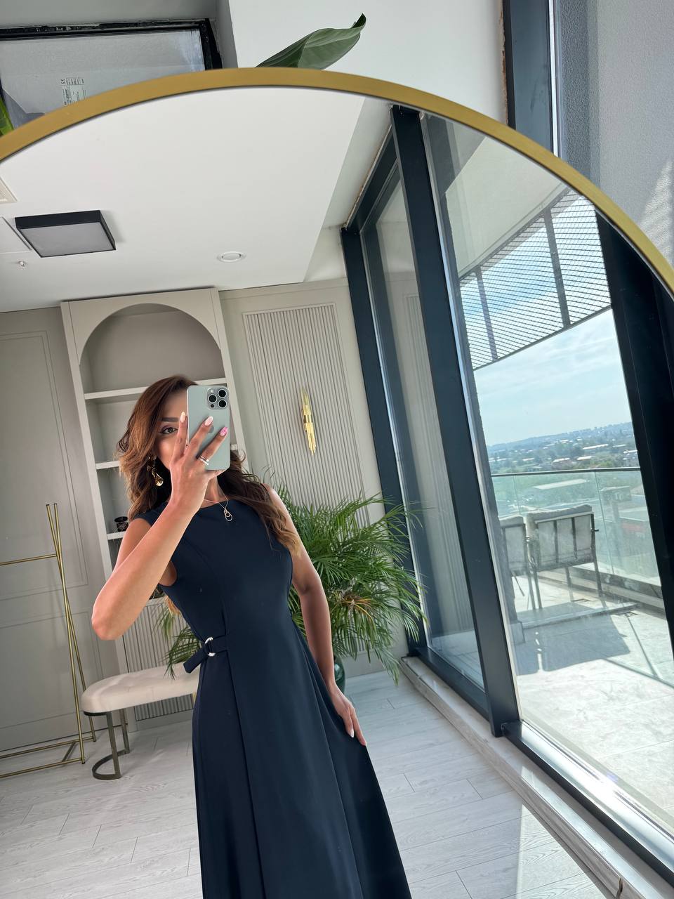 Lacivert%20Bel%20Kemer%20Detaylı%20Double%20Crep%20Kumaş%20Midi%20Boy%20Elbise