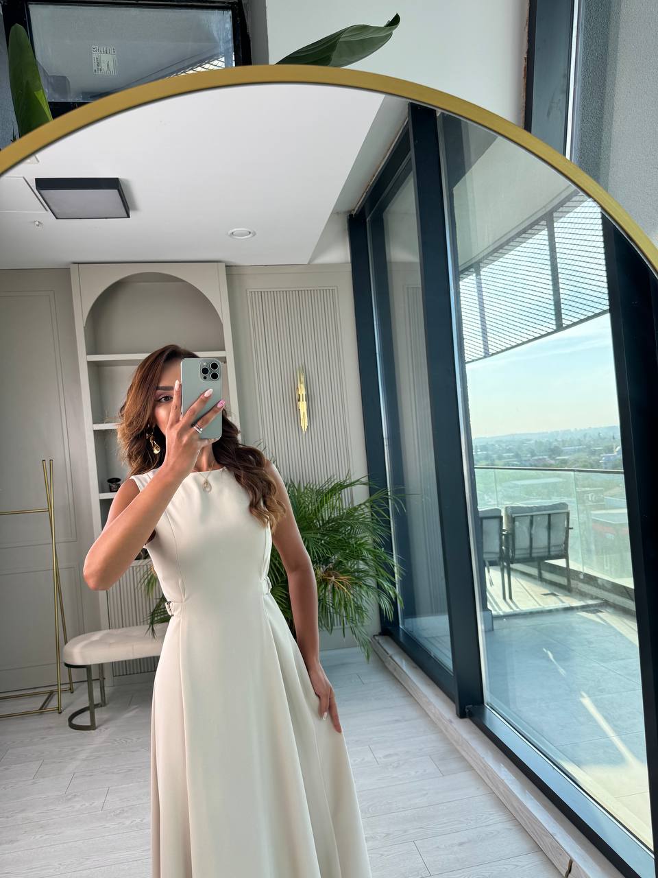 Taş%20Rengi%20Bel%20Kemer%20Detaylı%20Double%20Crep%20Kumaş%20Midi%20Boy%20Elbise